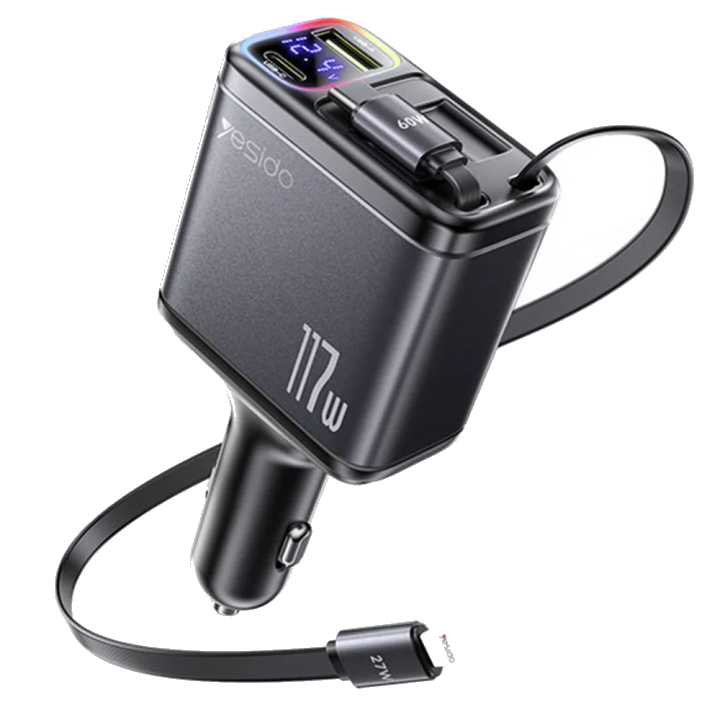 Auto-Ladegerät mit USB-C / Lightning Kabel Yesido Y63 Display, 117W, 3A, 1 x USB-A - 1 x USB-C, Grau