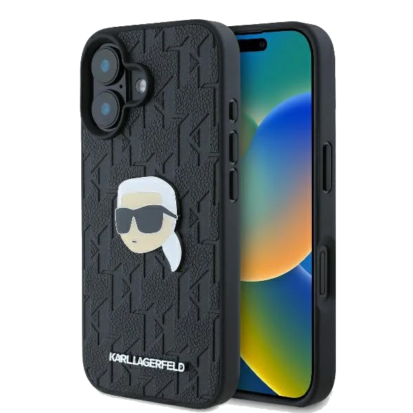 Hülle für Apple iPhone 16, Karl Lagerfeld, Monogram Karl's Head, Schwarz