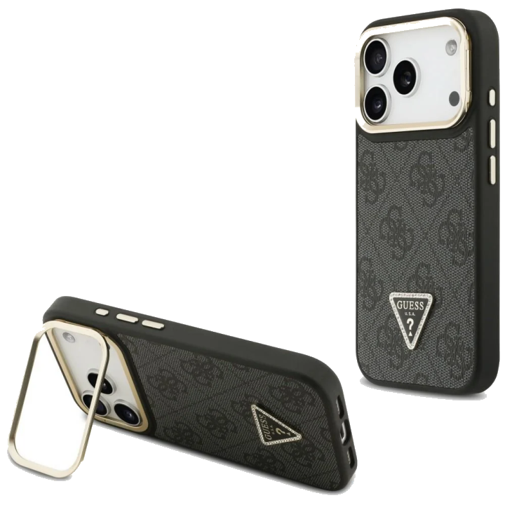 MagSafe Hülle für Apple iPhone 17 Pro Max, Guess, 4G Triangle Logo mit Kameraständer, Schwarz Gold
