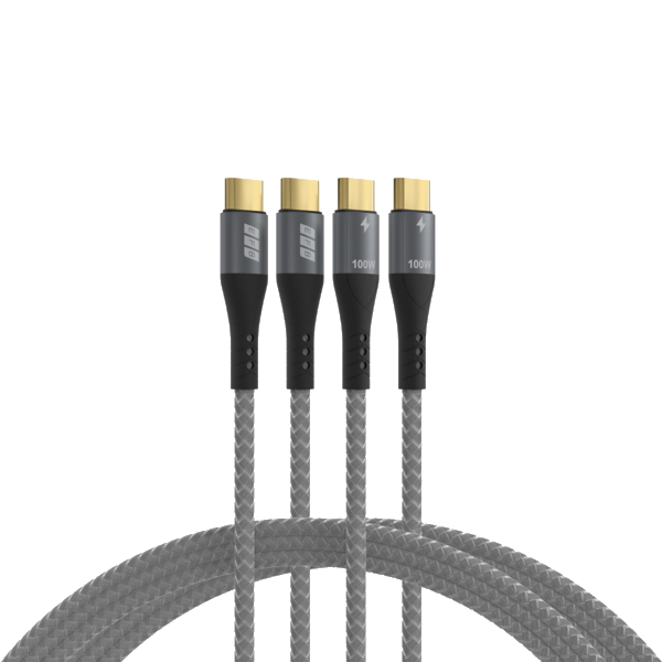 USB-C Kabelset 100W PD 3.0 5A E-Marker Chip, 2x1m grau Goldkontakte Textilmantel