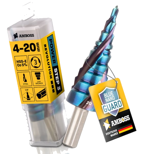 AMBOSS Stufenbohrer HSS-E Co 5% D:4-6-8-10-12-14-16-18-20mm TiAlSiN nano blue coating