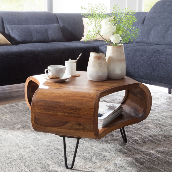 FineBuy Couchtisch Sheesham 55cm Massivholz Wohnzimmertisch Retro Metallbeine