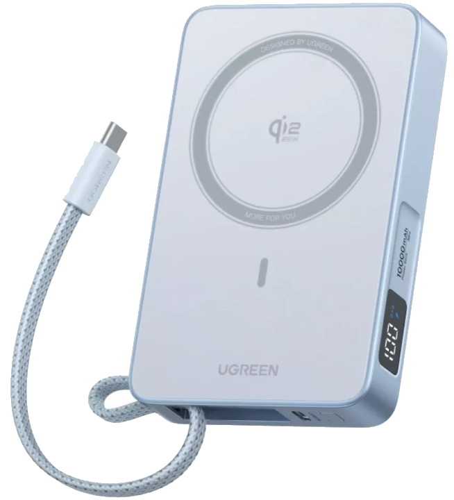 Wireless Powerbank UGREEN MagFlow PB773 (65958), 10000mAh, 25W, PD + FQI, 1 x QI - 2 x USB-C, Blau