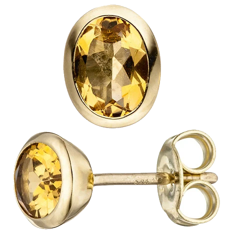 Ohrstecker oval 585 Gold Gelbgold 2 Citrine gelb Ohrringe Goldohrringe