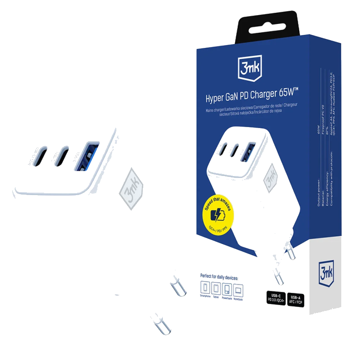 Netzladegerät 3MK Hyper, 65W, 3.25A, 1 x USB-A - 2 x USB-C, Weiß