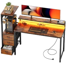 Computertisch mit Schubladen, 152×50cm Gaming Schreibtisch mit LED-Beleuchtung