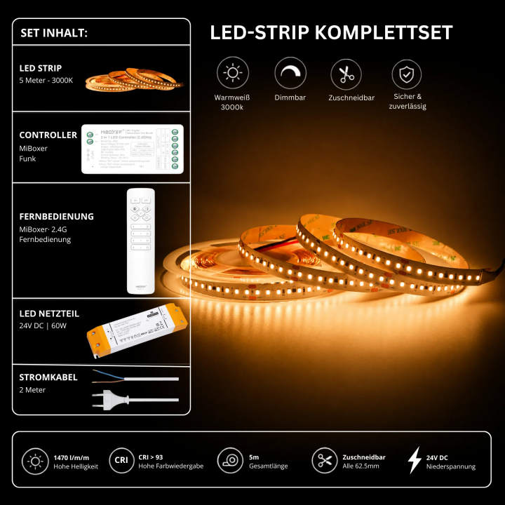 LED Streifen Set Warmweiß 3000K – SMD LED Streifen 24V, 9 W/m, 1500 lm/m, 5m – SS60 Netzteil, SR2 Funk-Controller & C1 Fernbedienung Weiß
