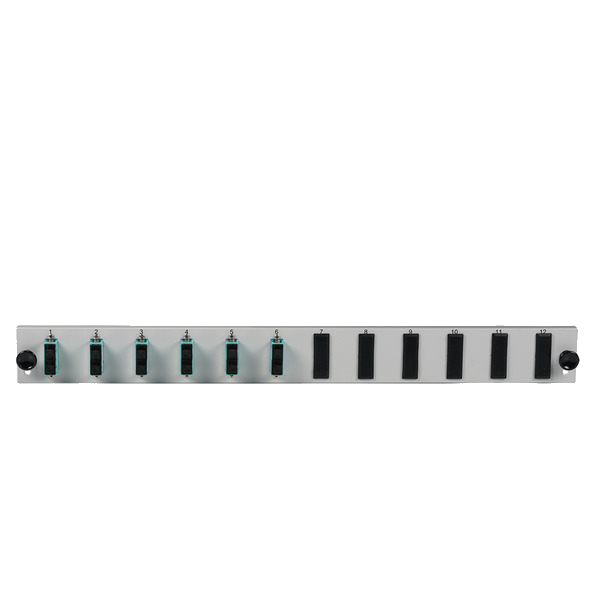 Bestückte 12 Port Frontblende mit 6 x SC, Duplex Kupplung OM3 vertikal, grau