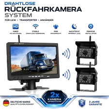 7" LCD Monitor Rückfahrkamera Set + 2 x FUNK Kabellos Rückseiten Kamera Bus LKW