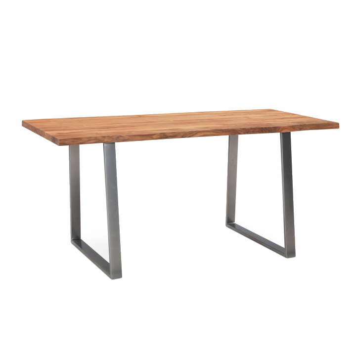 FineBuy Schreibtisch Akazie Massivholz / Metall Computertisch Baumkante, Homeoffice Bürotisch Massiv mit Trapezbeinen in Chrom, Holztisch Laptoptisch Arbeitszimmer