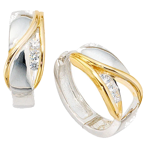 Creolen rund 925 Sterling Silber bicolor vergoldet 6 Zirkonia Ohrringe