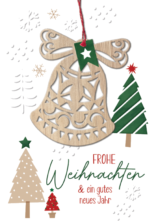 CACTUS Weihnachtskarte , Glocke, , mit Holzapplikation