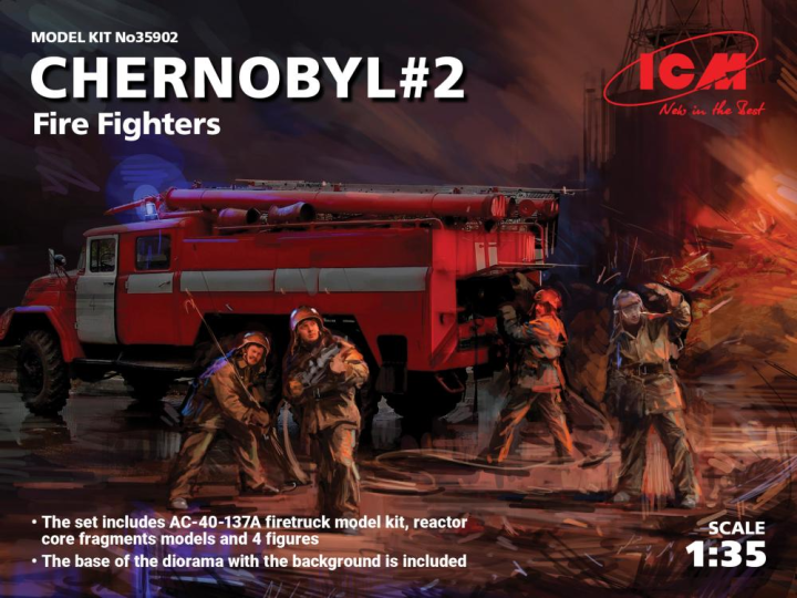 Chernobyl2. Fire Fighters (AC-40-137A firetruck & 4 figures & diorama base w. background)