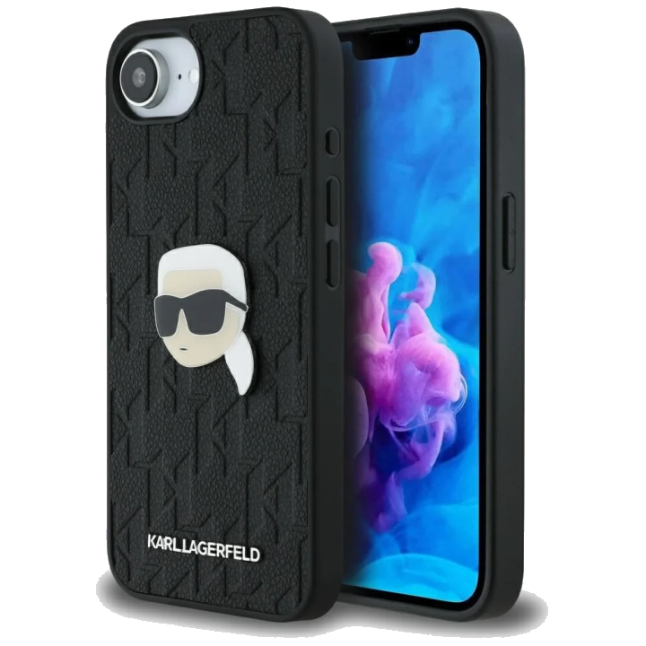 Hülle für Apple iPhone 17e / 16e, Karl Lagerfeld, Monogram Karl's Head, Schwarz