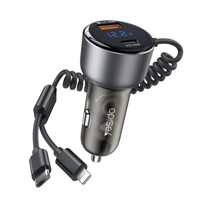 Auto-Ladegerät mit USB-C / Lightning-Kabel Yesido Y58 Display, 60W, 3A, 1 x USB-A - 1 x USB-C, Grau