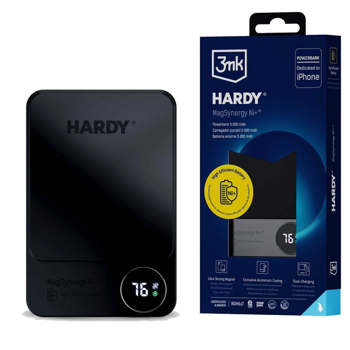 Externer Wireless-Akku 3MK MagSynergy Ni+, 5000mAh, 22.5W, PD + FQI, 1 x QI - 1 x USB-C, Schwarz