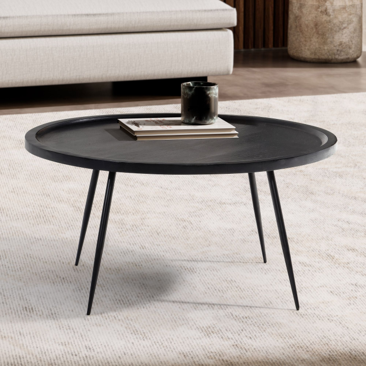 Couchtisch Massivholz rund Ø 75 cm Schwarz Moderner Wohnzimmertisch Metallbeine