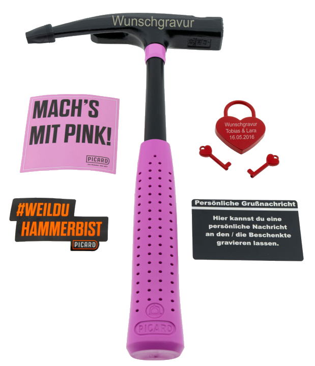 PICARD Geschenk Set Valentinstag Latthammer Pink Edition + Liebesschloss mit Gravur