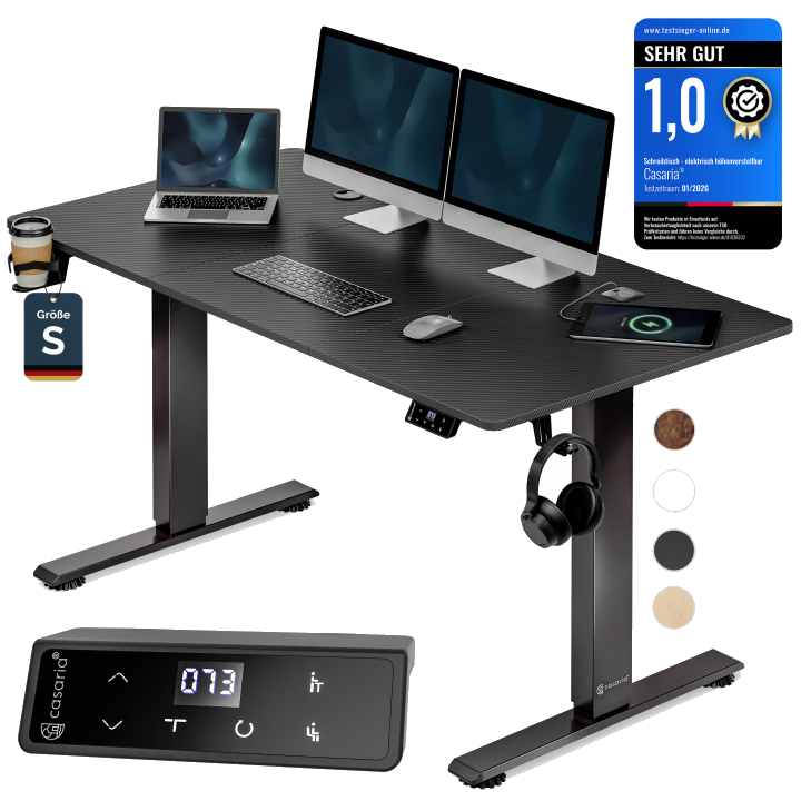 Casaria Schreibtisch Elektrisch höhenverstellbar Memory-Funktion Sitz-/Steherinnerung, Höhenverstellbar elektrisch mit Wireless Charger 120 / 140 / 160 cm