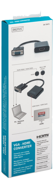 Digitus VGA auf HDMI Konverter + Audio (3,5mm) Full HD (1080p), Kabeltyp (15 cm), schwarz