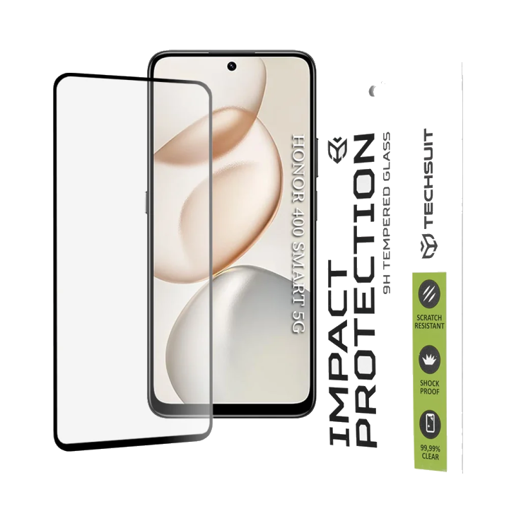 Schutzfolie Techsuit für Honor 400 Smart 4G / X7d 4G / 400 Smart 5G / X7c / 200 Smart, Gehärtetes Glas, Vollkleber, 111D, Schwarz