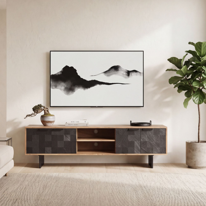 Lowboard FineBuy TV Board Akazie Massivholz 150 cm mit Steinoptik Fronten Groß