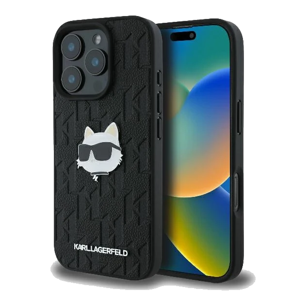 Hülle für Apple iPhone 16 Pro Max, Karl Lagerfeld, Monogram Choupette's Head, Schwarz