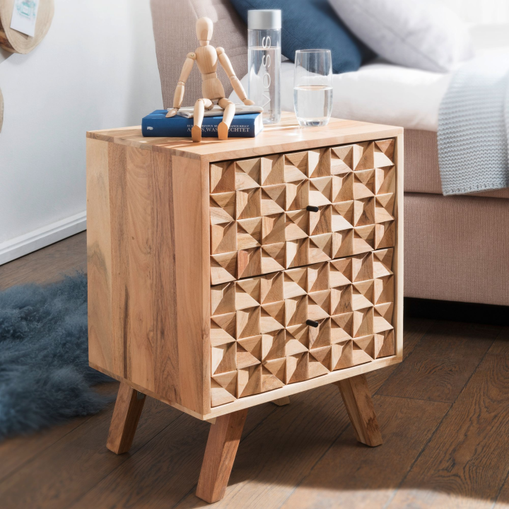 Nachttisch Akazie Massiv Nachtkonsole Boxspringbett Nachtkästchen 2 Schubladen