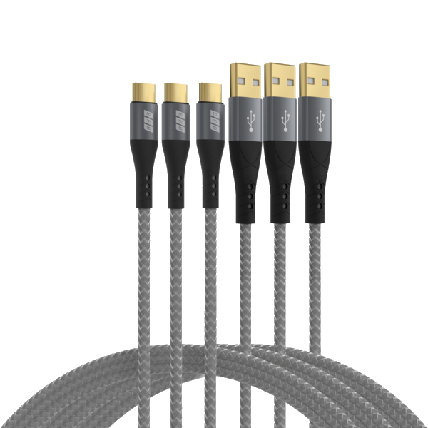 USB-A auf USB-C Kabelset 60W QC 3A, 3x2m grau Goldkontakte Textilmantel