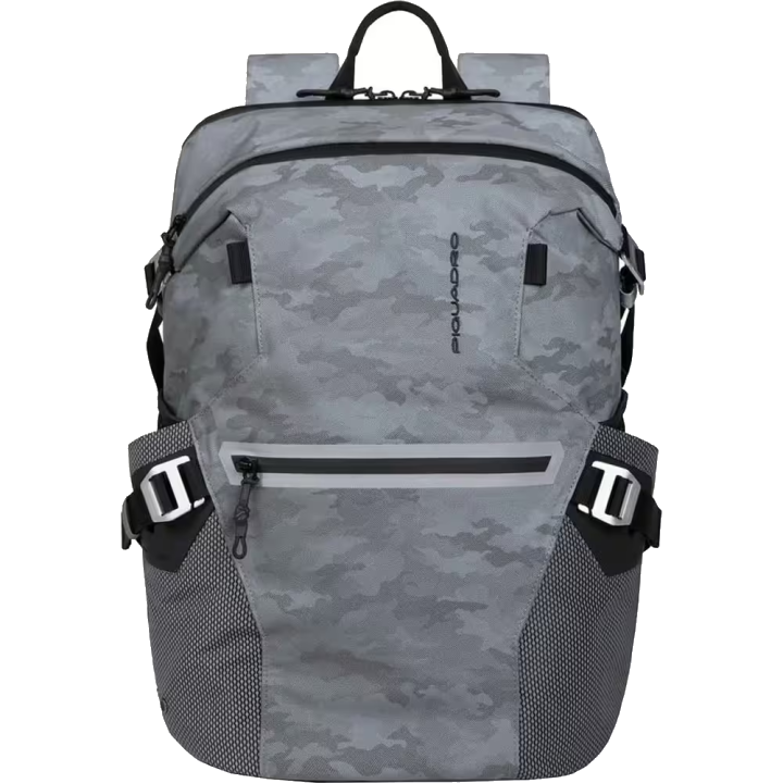 Piquadro PQ-Modular Laptoprucksack 15,6" aus rezykliertem antiviralen-Stoff und Diebstahlsicherung Camo Grigio