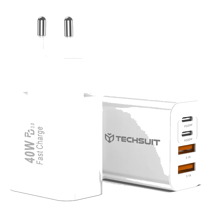 Netzladegerät Techsuit PowerXQuad CH4, 40W, 3A, 2 x USB-A - 2 x USB-C, Weiß