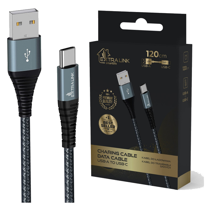 Extralink SMART LIFE CABLE 15W, USB-A TO USB-C, 120CM, NYLON BRAIDED, 5V 2.4A/3A, BLACK USB cable
