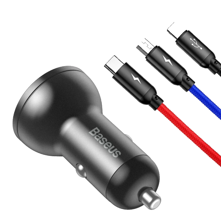 Baseus Digital Display KFZ-Ladegerät 24W mit 3-in-1 Kabel | 2x USB-A | Grau