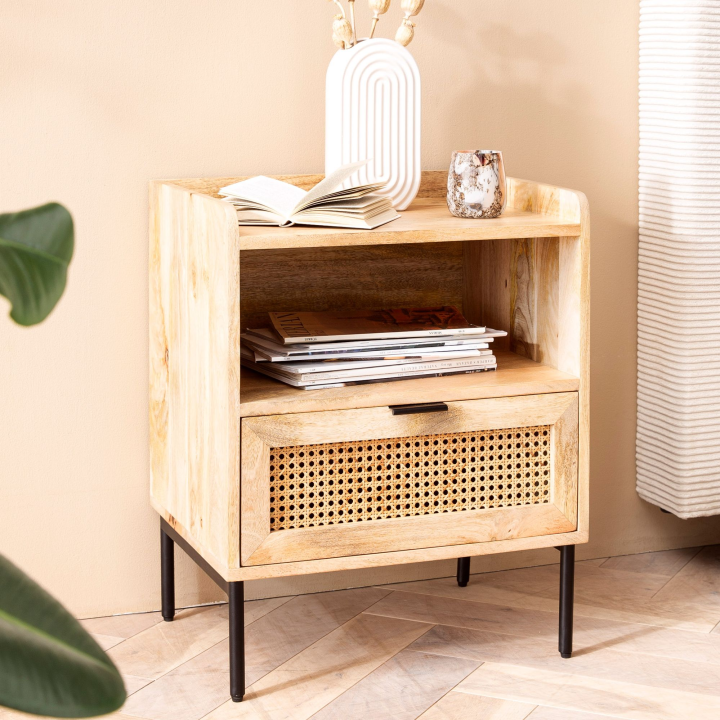 Nachtkonsole Massivholz Rattan Nachttisch Schublade Ablage Nachtkästchen BOHO
