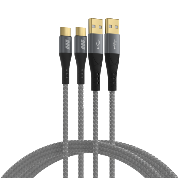 USB-A auf USB-C Kabelset 60W QC 3A, 2x1m grau Goldkontakte Textilmantel