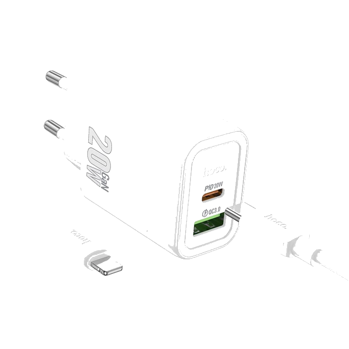 Netzladegerät mit Lightning-Kabel HOCO N61, 20W, 3A, 1 x USB-A - 1 x USB-C, Weiß