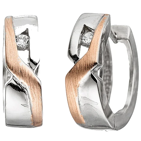 Creolen rund 925 Silber bicolor vergoldet mattiert 2 Zirkonia Ohrringe