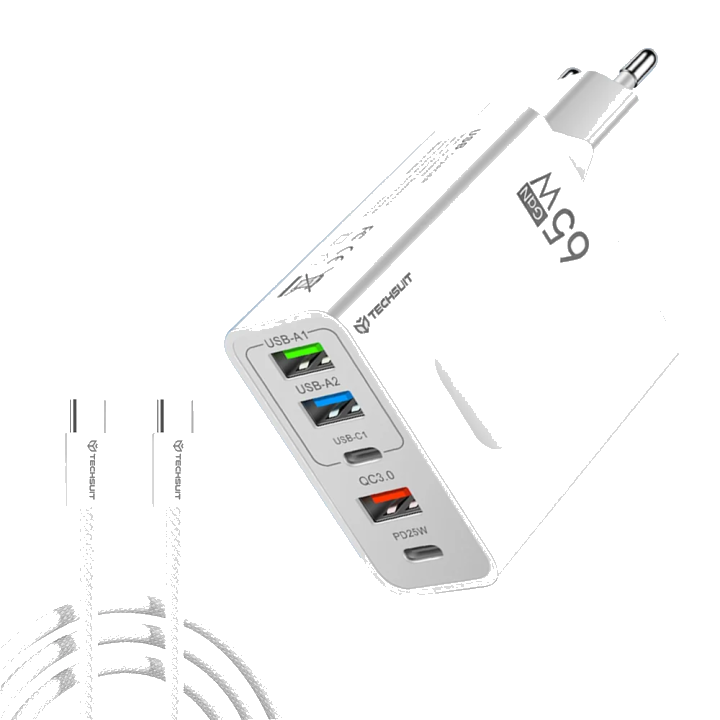 Netzladegerät mit USB-C Kabel Techsuit CHC1 PentaXPower, 25W, 3A, 3 x USB-A - 2 x USB-C, Weiß