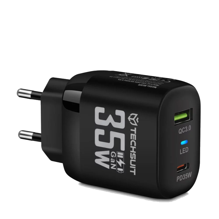 Netzladegerät Techsuit CHPD174, 35W, 3A, 1 x USB-A - 1 x USB-C, Schwarz